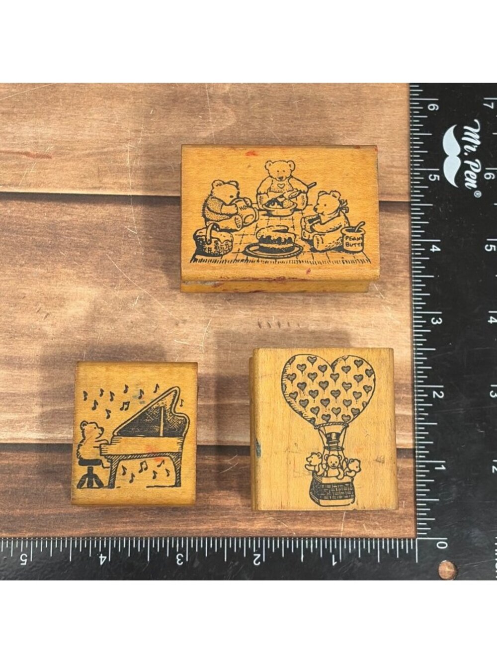 VTG All Night Media Teddy Bear Wood Rubber Stamp Lot Balloon Piano Birthday Cake